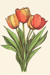 手绘红黄郁金香插画