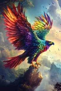 彩色雄鹰立于山巅展翅