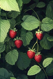 草莓挂藤间 绿叶相映衬