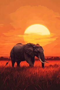 夕阳下漫步的非洲大象