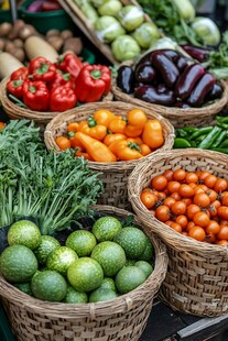 多彩新鲜蔬菜盛于藤篮中