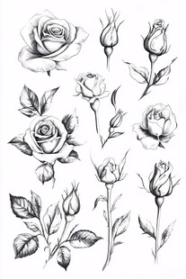 手绘玫瑰花素描图案集合