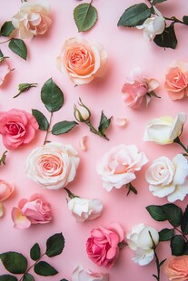 粉色背景上的多彩玫瑰花