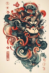 国风醒狮插画艺术作品