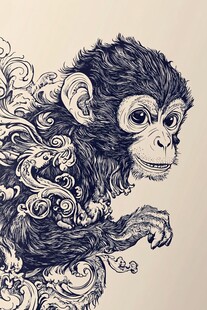 手绘猴子与精美花纹图案