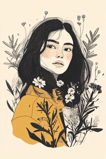 花丛中的黄衣长发女子