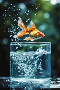 金鱼跃出玻璃鱼缸瞬间