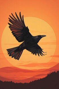 夕阳下展翅翱翔的黑鸟