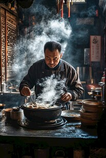 传统大厨在古灶前烹饪