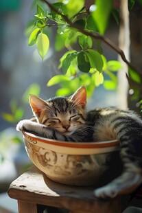 小猫惬意卧碗中享阳光