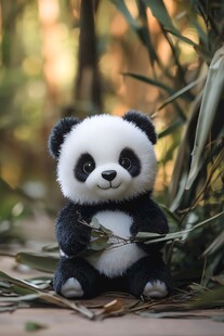 萌态熊猫玩偶坐于竹林间