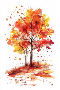 秋日水彩风双树落叶美景