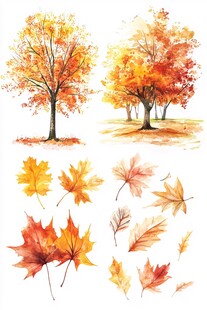 水彩绘秋景 树木与枫叶