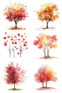水彩绘秋季多彩树木景象