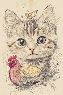 小猫与鸡鸟的温馨插画
