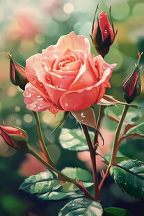 娇艳带露粉玫瑰绽放