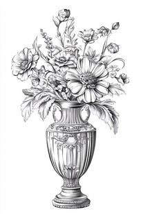 复古花瓶中的花卉插画