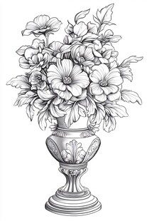 花瓶中的花卉黑白线稿图