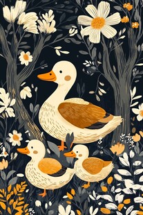 花丛中的温馨鸭家庭