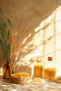 阳光下的谷物与瓶中干花