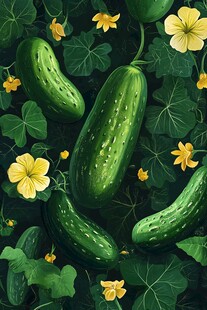 翠绿黄瓜与明艳花朵插画