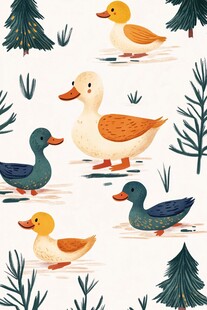 池塘边的可爱鸭子与松树