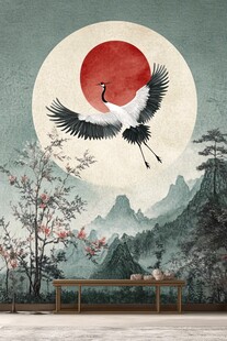 中式仙鹤山水意境壁画