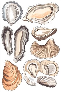 手绘多彩贝壳牡蛎图案集合