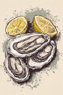 手绘柠檬配新鲜生蚝