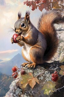 松鼠抱果于山岩赏秋景