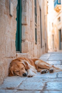 街道边熟睡的金毛犬