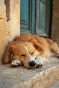 门前酣睡的可爱金毛犬