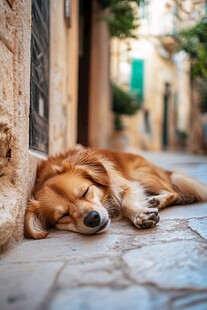 小巷中酣睡的可爱小狗