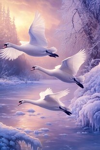 冬日天鹅翱翔冰雪湖面