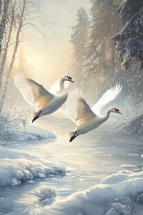 冬日双天鹅河畔飞翔图