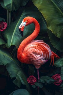 火烈鸟于花叶间优雅伫立