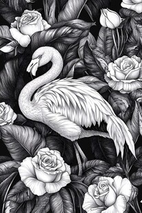 火烈鸟置身玫瑰与叶间