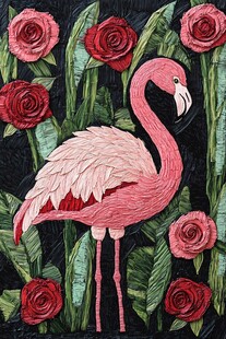 火烈鸟与玫瑰的梦幻刺绣