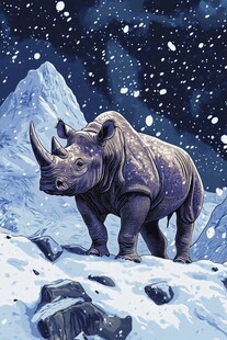 雪地中的独角犀牛