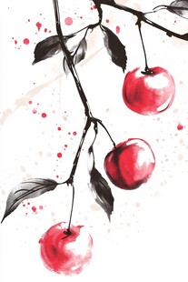 水墨风枝头红果写意画