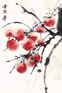 水墨红柿图