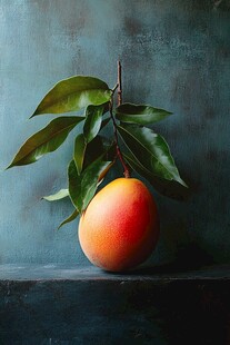 带叶鲜芒果的静物特写