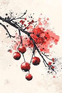 水墨红梅枝头硕果