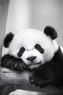 憨态熊猫惬意趴木休憩