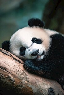 憨态可掬的熊猫惬意趴木上