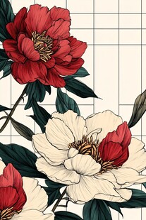 复古风红白牡丹花插画