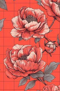 红色方格背景上的精美牡丹