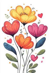 缤纷手绘花朵与爱心图案