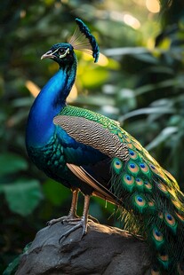 五彩斑斓孔雀傲立岩石间