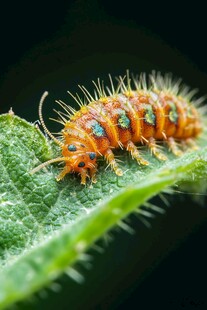 多彩刺毛虫栖息绿叶间